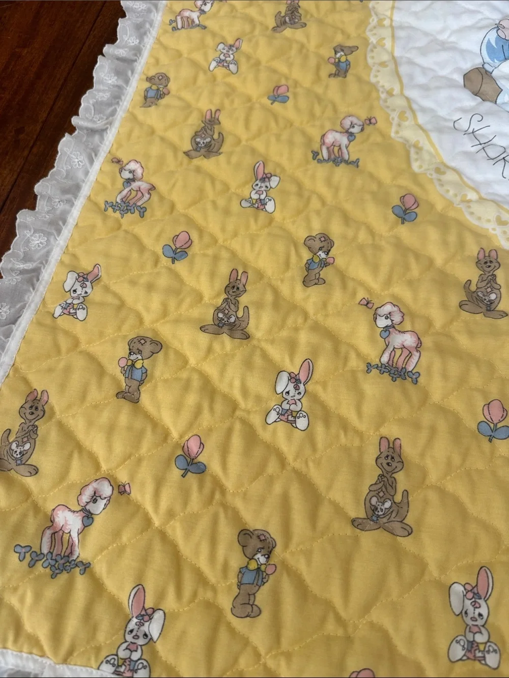 Vintage Yellow Precious Moments Baby Quilt w/ Ruffle Trim approx 45inX35&1/2in